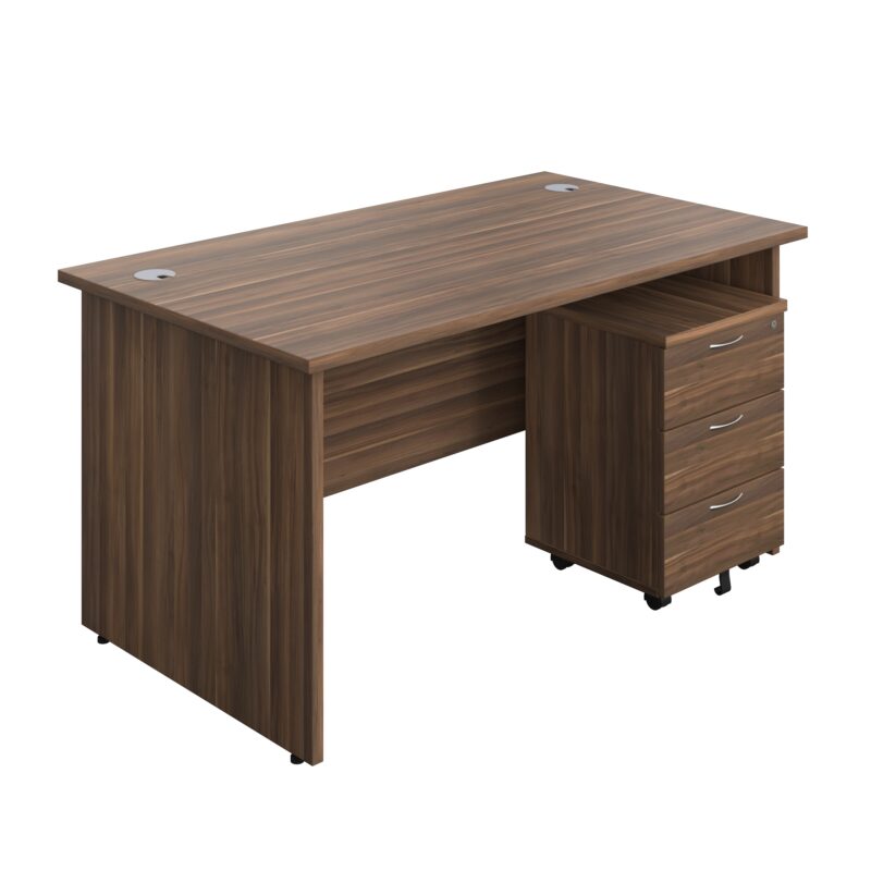 Panel Rectangular Desk + 3 Drawer Mobile Pedestal Bundle | 1400X800 | Dark Walnut/Dark Walnut