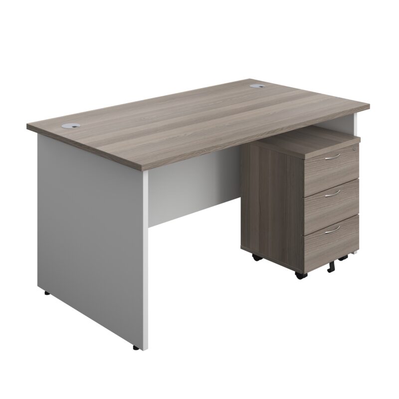 Panel Plus Rectangular Desk + 3 Drawer Mobile Pedestal Bundle | 1400X800 | Grey Oak/White