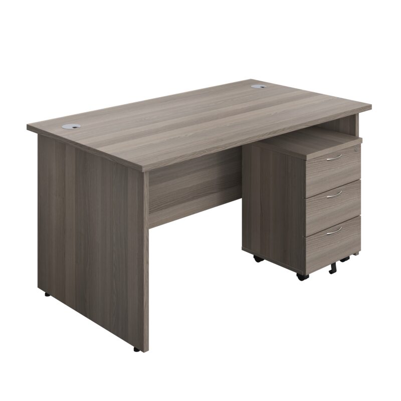 Panel Rectangular Desk + 3 Drawer Mobile Pedestal Bundle | 1400X800 | Grey Oak/Grey Oak