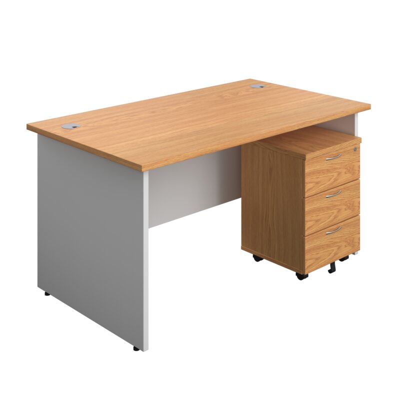 Panel Plus Rectangular Desk + 3 Drawer Mobile Pedestal Bundle | 1400X800 | Nova Oak/White