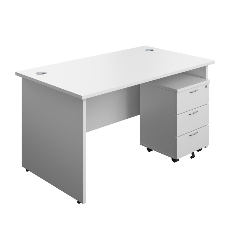 Panel Rectangular Desk + 3 Drawer Mobile Pedestal Bundle | 1400X800 | White/White