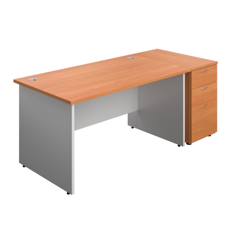 Panel Plus Rectangular Desk + Matching 3 Drawer Desk High Pedestal Bundle | 800 Pedestal | 1400X800 | Beech/White