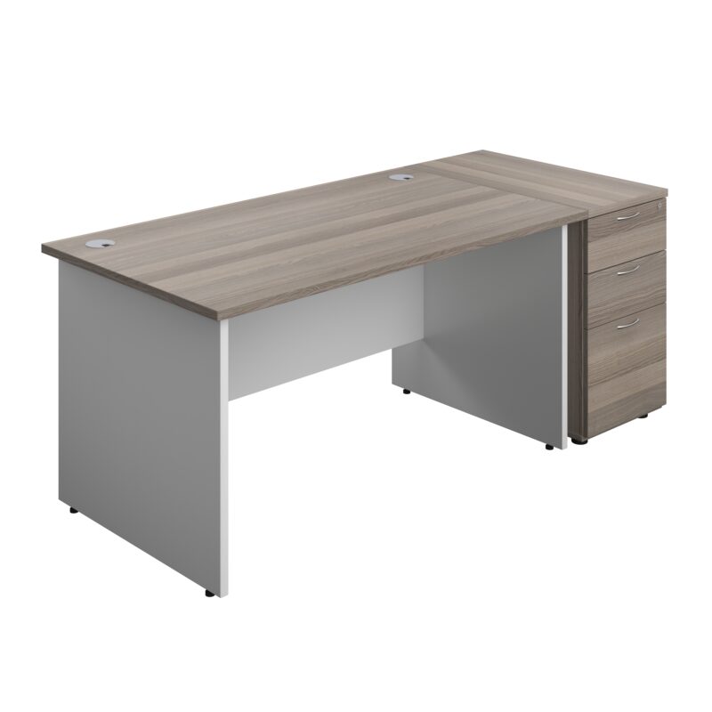 Panel Plus Rectangular Desk + Matching 3 Drawer Desk High Pedestal Bundle | 800 Pedestal | 1400X800 | Grey Oak/White