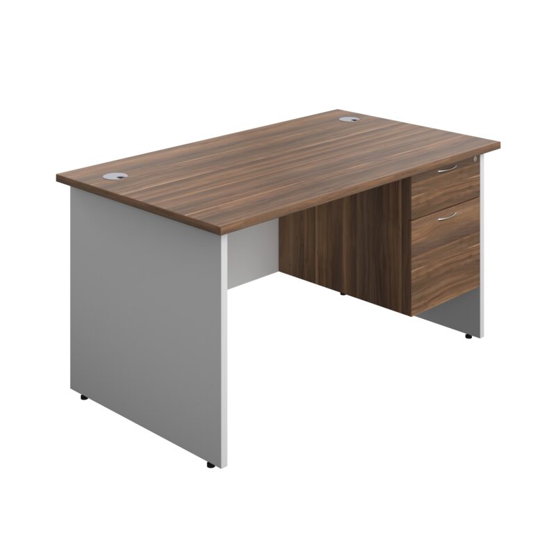 Panel Plus Rectangular Desk + 2 Drawer Fixed Pedestal Bundle | 1400X800 | Dark Walnut/White