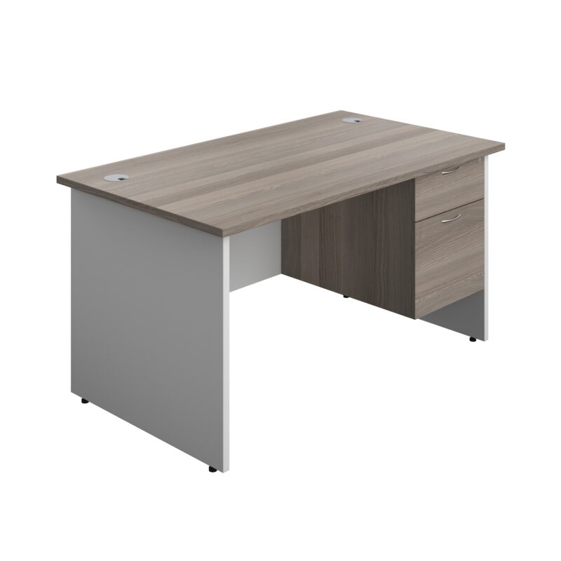 Panel Plus Rectangular Desk + 2 Drawer Fixed Pedestal Bundle | 1400X800 | Grey Oak/White