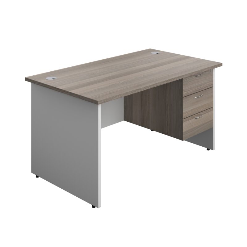 Panel Plus Rectangular Desk + 3 Drawer Fixed Pedestal Bundle | 1400X800 | Grey Oak/White