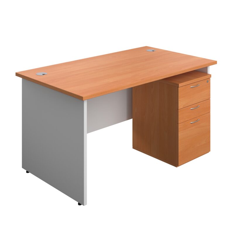 Panel Plus Rectangular Desk + 3 Drawer High Mobile Pedestal Bundle | 1400X800 | Beech/White