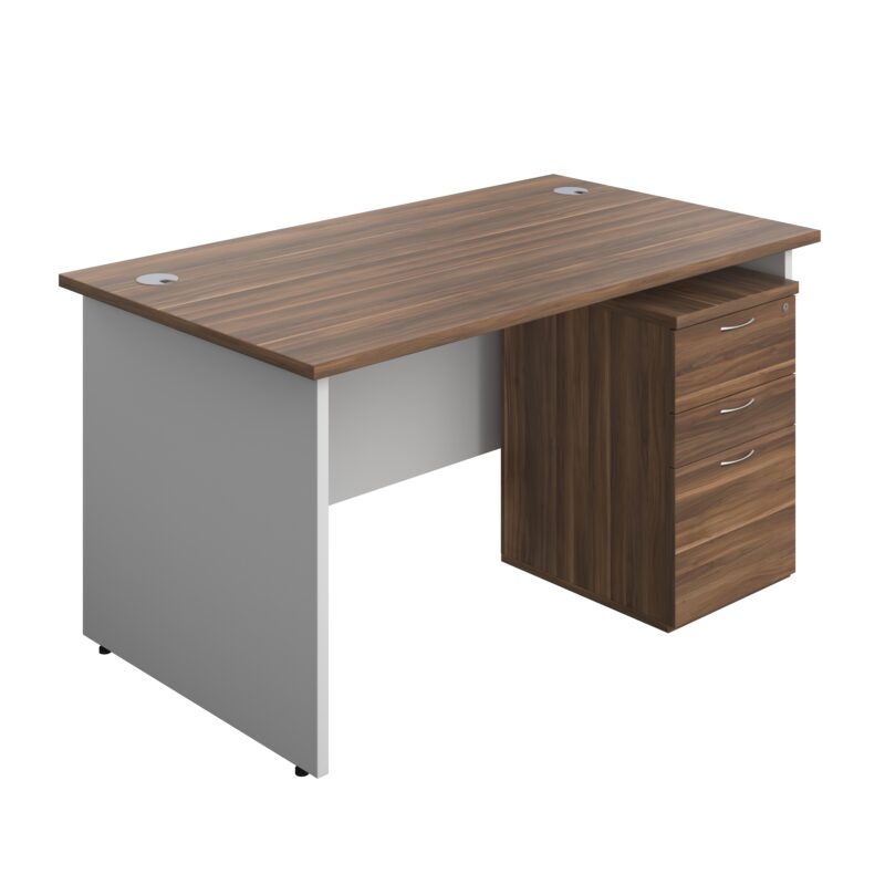 Panel Plus Rectangular Desk + 3 Drawer High Mobile Pedestal Bundle | 1400X800 | Dark Walnut/White