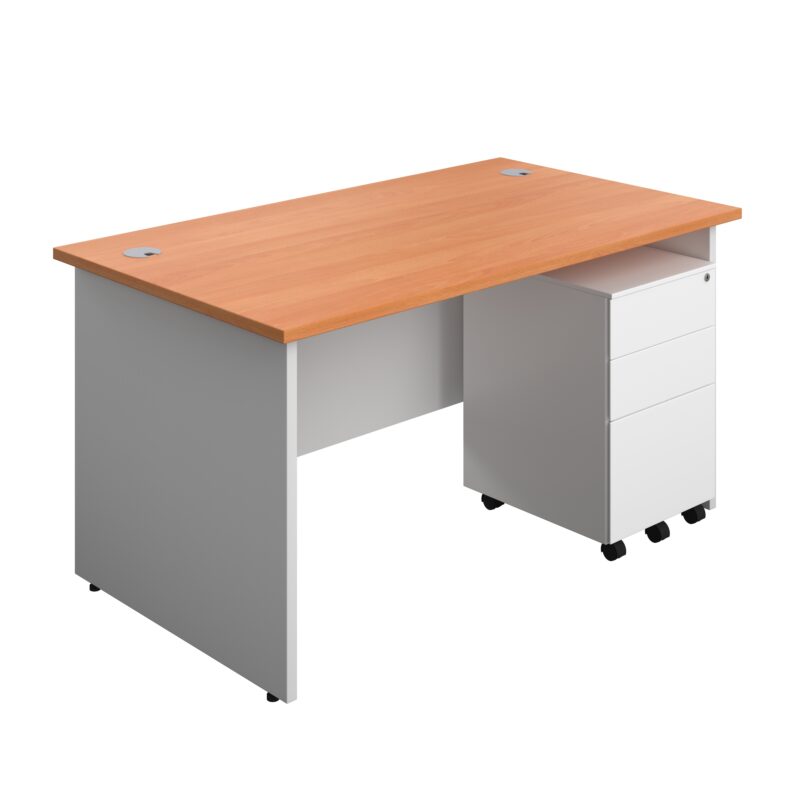 Panel Plus Rectangular Desk + 3 Drawer Steel Pedestal Bundle | 1400X800 | Beech/White