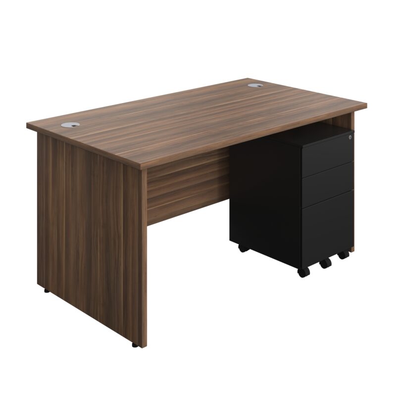 Panel Rectangular Desk + 3 Drawer Steel Pedestal Bundle | 1400X800 | Dark Walnut/Black