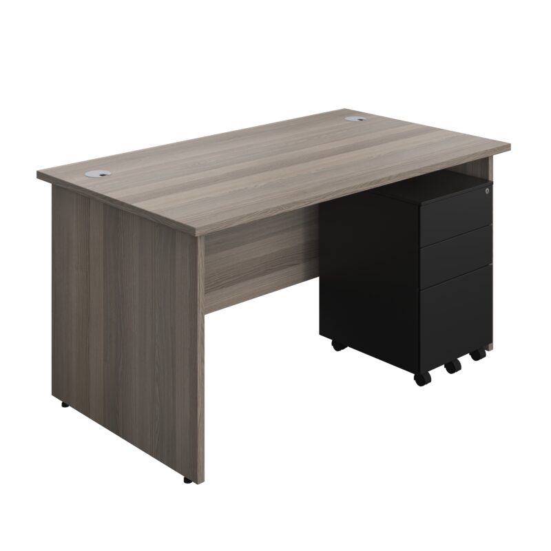 Panel Rectangular Desk + 3 Drawer Steel Pedestal Bundle | 1400X800 | Grey Oak/Black