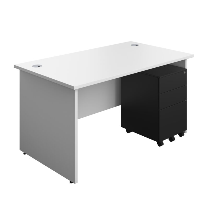 Panel Rectangular Desk + 3 Drawer Steel Pedestal Bundle | 1400X800 | White/Black