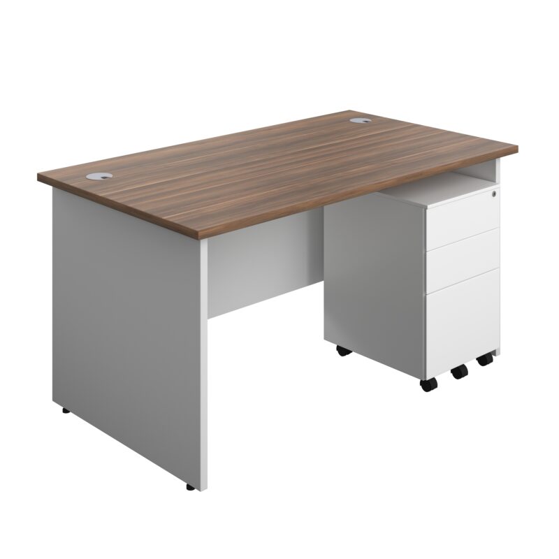 Panel Plus Rectangular Desk + 3 Drawer Steel Pedestal Bundle | 1400X800 | Dark Walnut/White