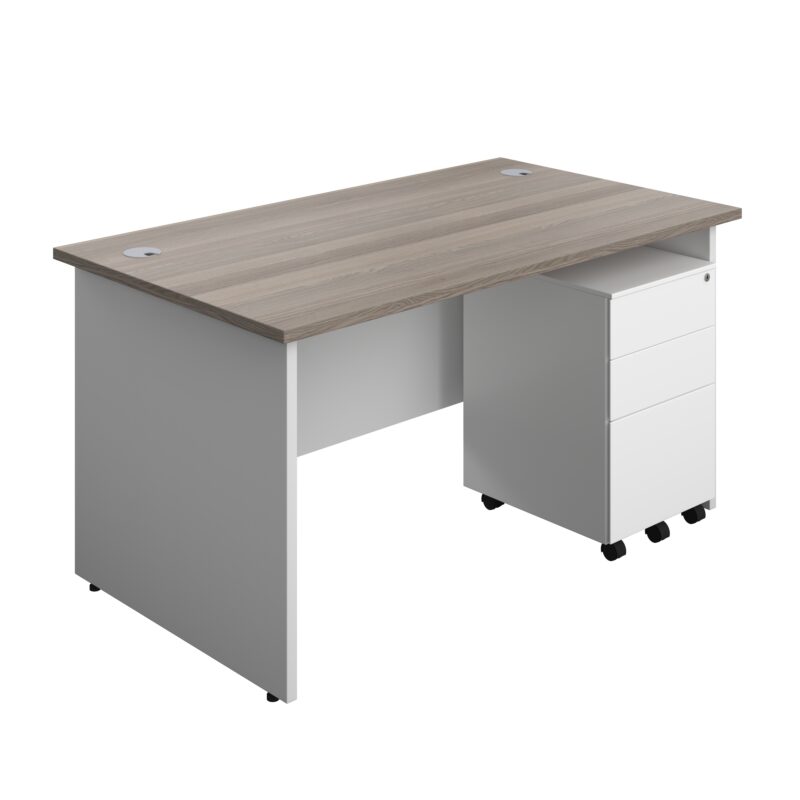 Panel Plus Rectangular Desk + 3 Drawer Steel Pedestal Bundle | 1400X800 | Grey Oak/White