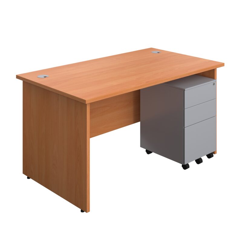 Panel Rectangular Desk + 3 Drawer Steel Pedestal Bundle | 1400X800 | Beech/Silver