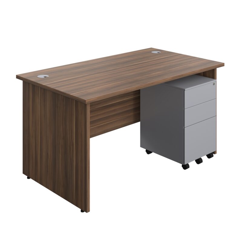 Panel Rectangular Desk + 3 Drawer Steel Pedestal Bundle | 1400X800 | Dark Walnut/Silver