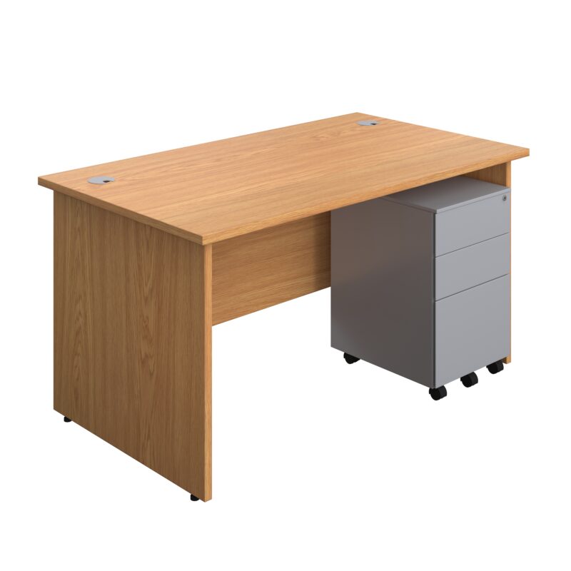 Panel Rectangular Desk + 3 Drawer Steel Pedestal Bundle | 1400X800 | Nova Oak/Silver