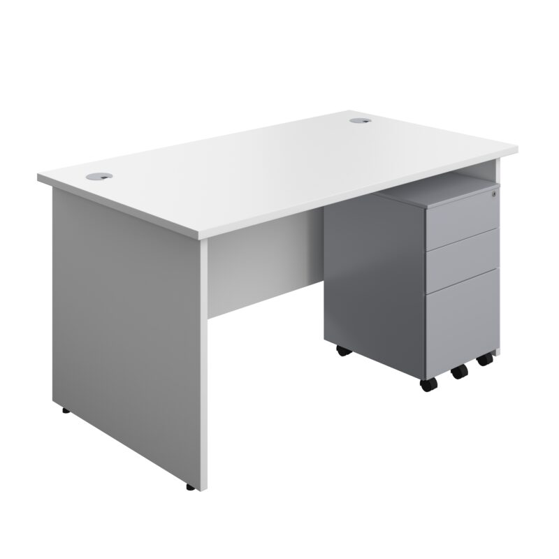 Panel Rectangular Desk + 3 Drawer Steel Pedestal Bundle | 1400X800 | White/Silver