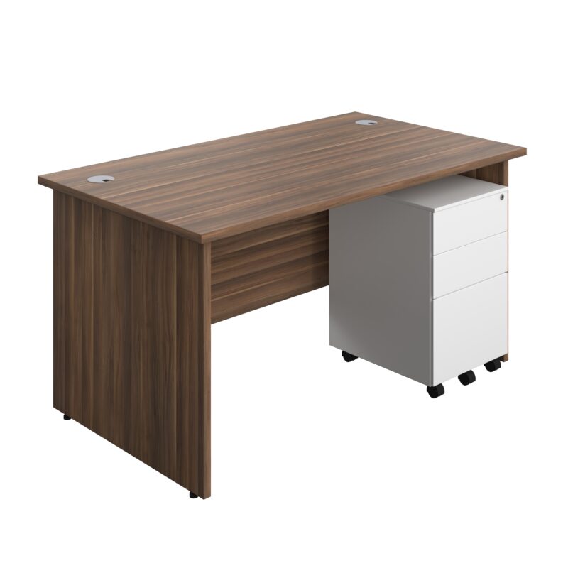 Panel Rectangular Desk + 3 Drawer Steel Pedestal Bundle | 1400X800 | Dark Walnut/White