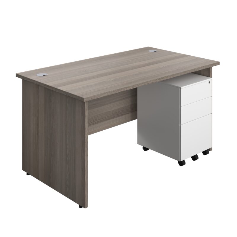 Panel Rectangular Desk + 3 Drawer Steel Pedestal Bundle | 1400X800 | Grey Oak/White