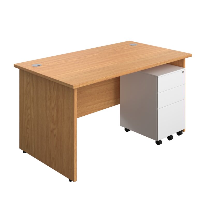 Panel Rectangular Desk + 3 Drawer Steel Pedestal Bundle | 1400X800 | Nova Oak/White