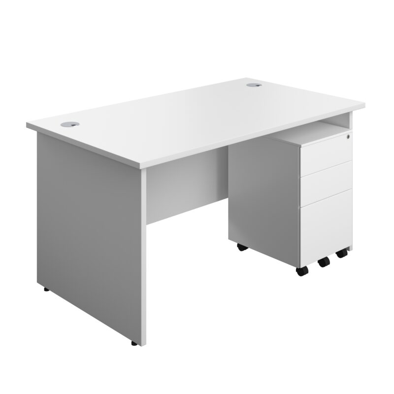 Panel Rectangular Desk + 3 Drawer Steel Pedestal Bundle | 1400X800 | White/White