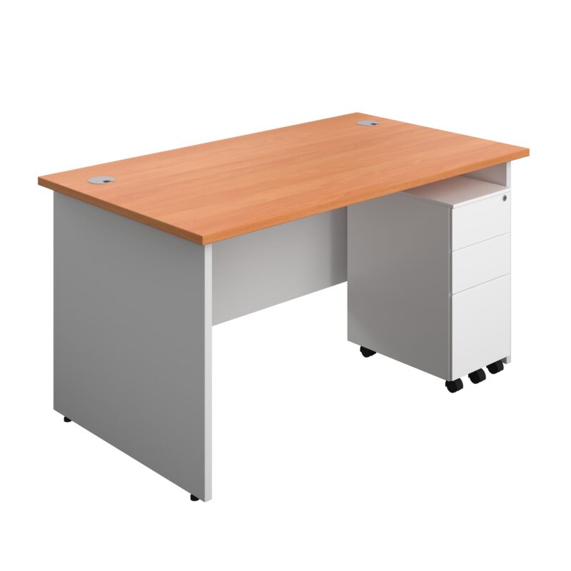 Panel Plus Rectangular Desk + 3 Drawer Slimline Steel Pedestal Bundle | 1400X800 | Beech/White