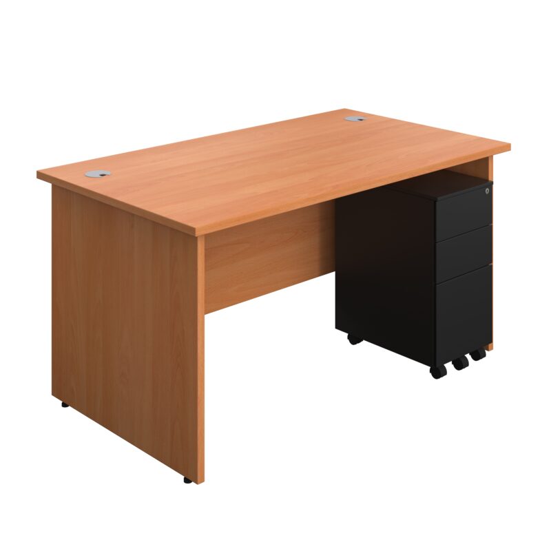 Panel Rectangular Desk + 3 Drawer Slimline Steel Pedestal Bundle | 1400X800 | Beech/Black