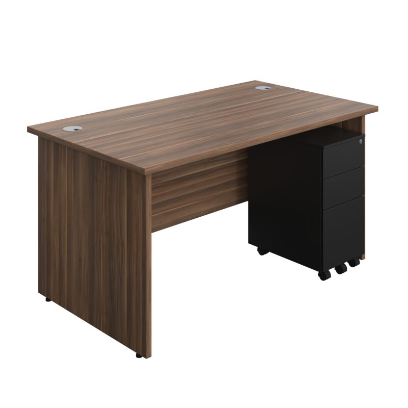 Panel Rectangular Desk + 3 Drawer Slimline Steel Pedestal Bundle | 1400X800 | Dark Walnut/Black