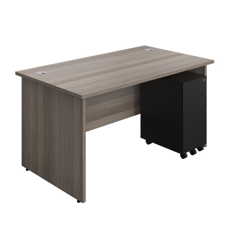 Panel Rectangular Desk + 3 Drawer Slimline Steel Pedestal Bundle | 1400X800 | Grey Oak/Black