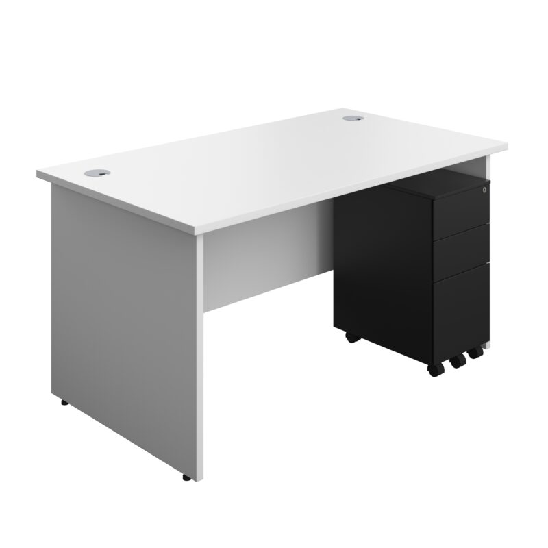 Panel Rectangular Desk + 3 Drawer Slimline Steel Pedestal Bundle | 1400X800 | White/Black