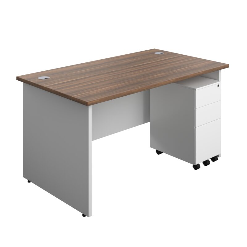 Panel Plus Rectangular Desk + 3 Drawer Slimline Steel Pedestal Bundle | 1400X800 | Dark Walnut/White