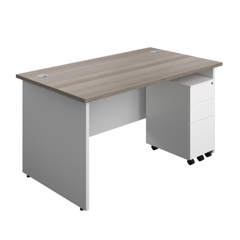 Panel Plus Rectangular Desk + 3 Drawer Slimline Steel Pedestal Bundle | 1400X800 | Grey Oak/White