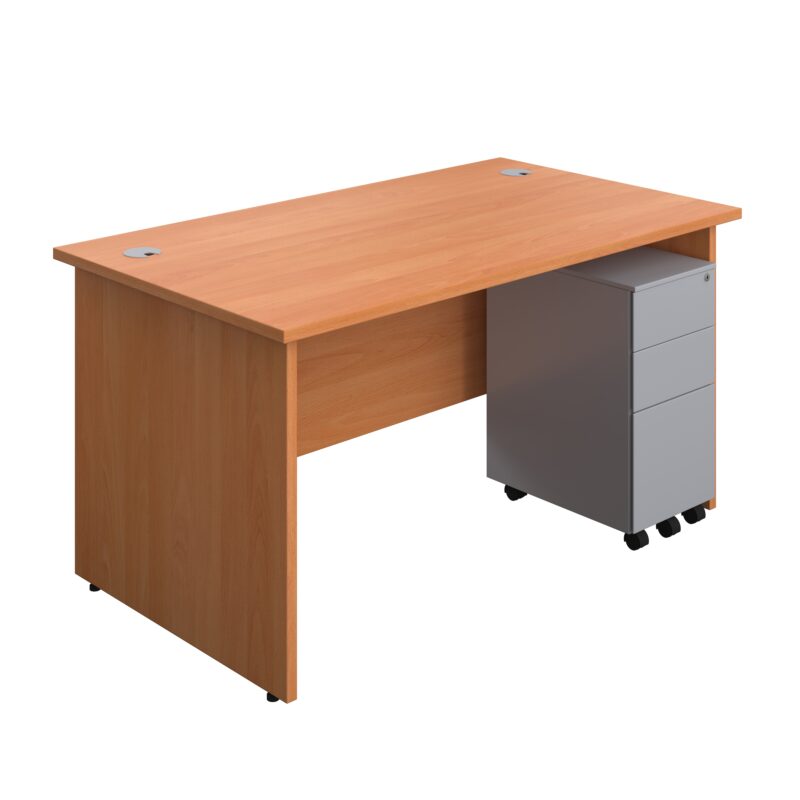 Panel Rectangular Desk + 3 Drawer Slimline Steel Pedestal Bundle | 1400X800 | Beech/Silver