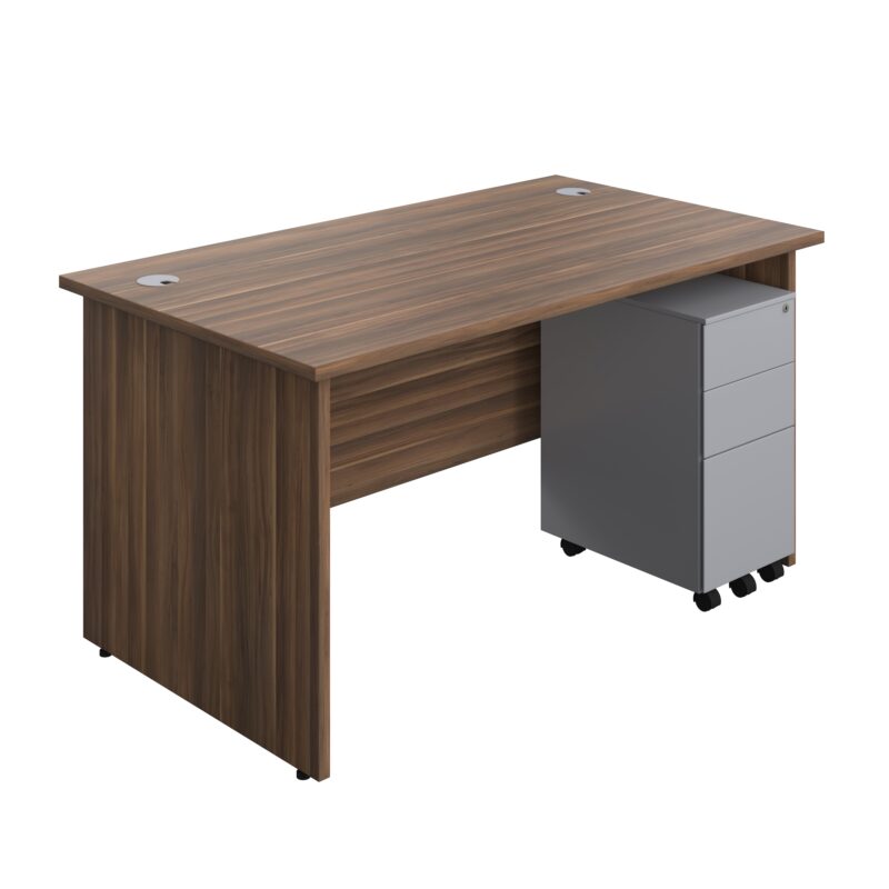 Panel Rectangular Desk + 3 Drawer Slimline Steel Pedestal Bundle | 1400X800 | Dark Walnut/Silver