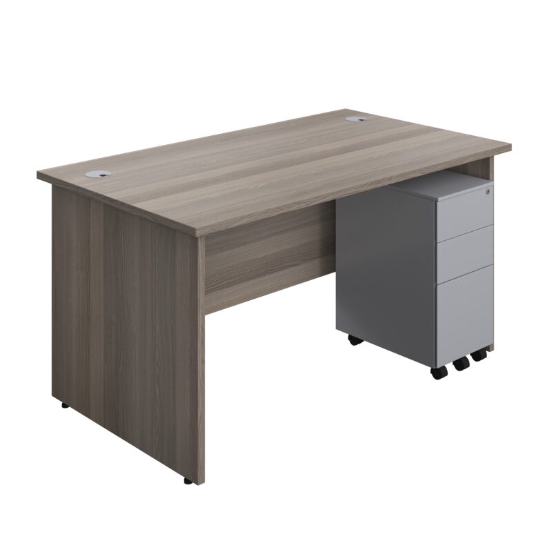 Panel Rectangular Desk + 3 Drawer Slimline Steel Pedestal Bundle | 1400X800 | Grey Oak/Silver