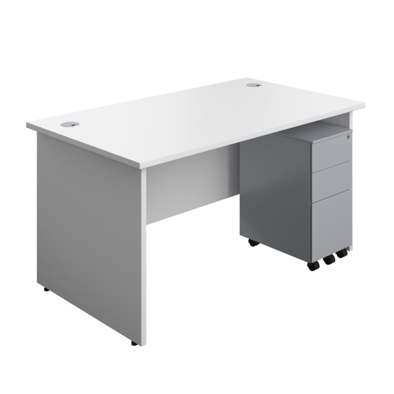 Panel Rectangular Desk + 3 Drawer Slimline Steel Pedestal Bundle | 1400X800 | White/Silver