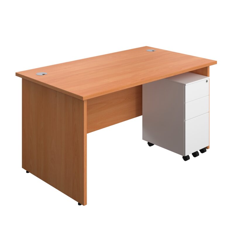 Panel Rectangular Desk + 3 Drawer Slimline Steel Pedestal Bundle | 1400X800 | Beech/White