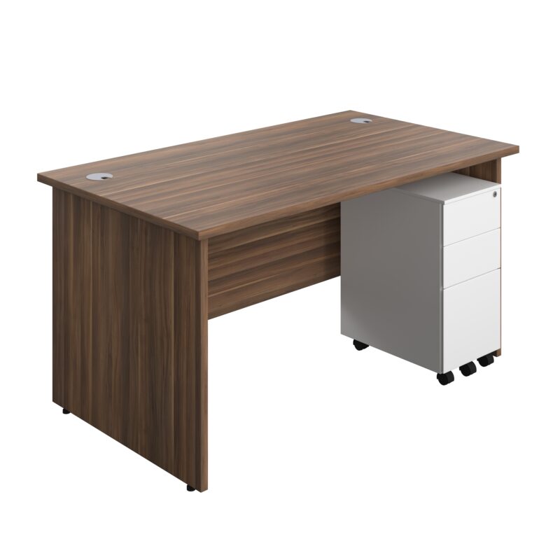 Panel Rectangular Desk + 3 Drawer Slimline Steel Pedestal Bundle | 1400X800 | Dark Walnut/White