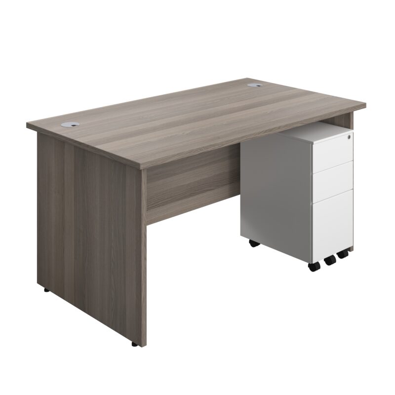 Panel Rectangular Desk + 3 Drawer Slimline Steel Pedestal Bundle | 1400X800 | Grey Oak/White