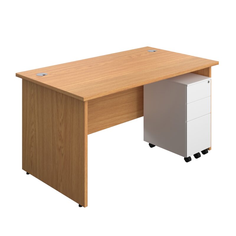 Panel Rectangular Desk + 3 Drawer Slimline Steel Pedestal Bundle | 1400X800 | Nova Oak/White