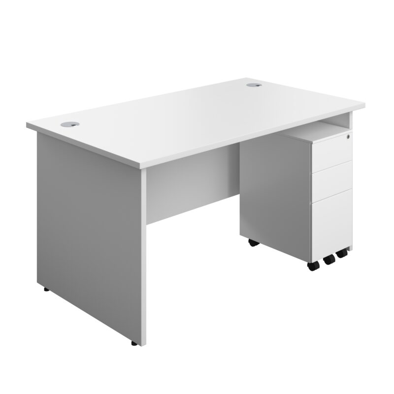 Panel Rectangular Desk + 3 Drawer Slimline Steel Pedestal Bundle | 1400X800 | White/White