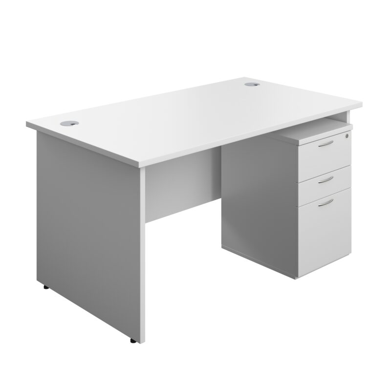 Panel Rectangular Desk + 3 Drawer Under Desk Pedestal Bundle | 1400X800 | White/White