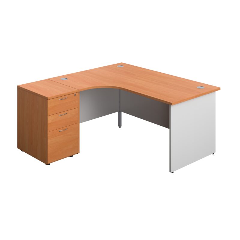 Panel Plus Left Radial Desk + Matching 3 Drawer Desk High Pedestal Bundle | 600 Pedestal | 1600X1200 | Beech/White