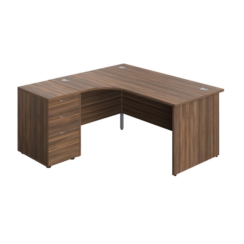 Panel Left Hand Radial Desk + 3 Drawer Desk High Pedestal Bundle | 600 Deep Pedestal | 1600X1200 | Dark Walnut/Dark Walnut