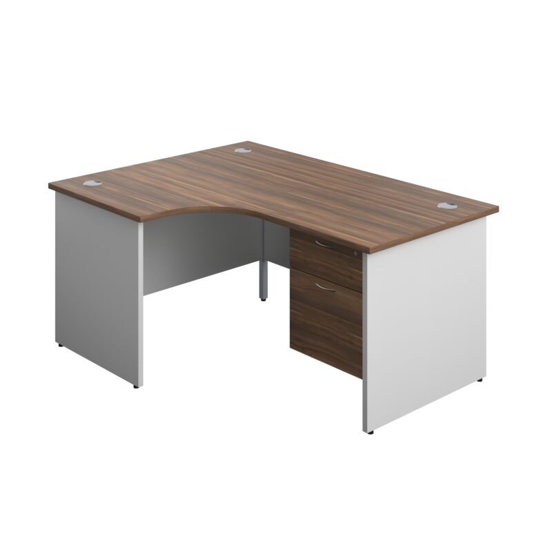 Panel Plus Left Radial Desk + 2 Drawer Fixed Pedestal Bundle | 1600X1200 | Dark Walnut/White