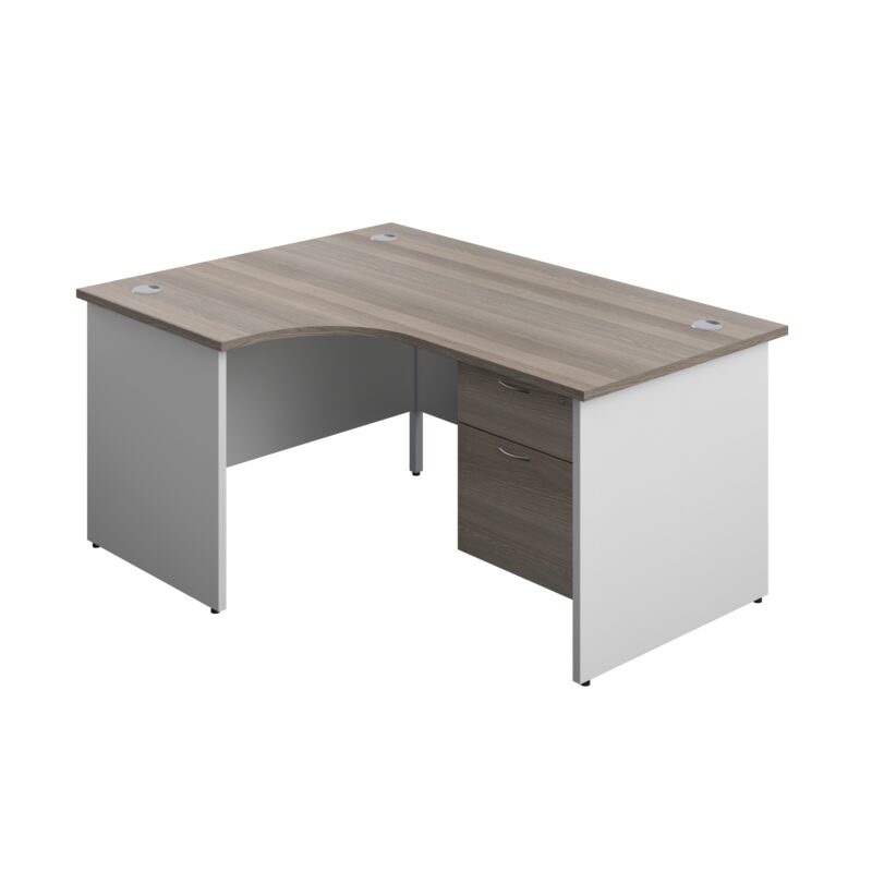 Panel Plus Left Radial Desk + 2 Drawer Fixed Pedestal Bundle | 1600X1200 | Grey Oak/White