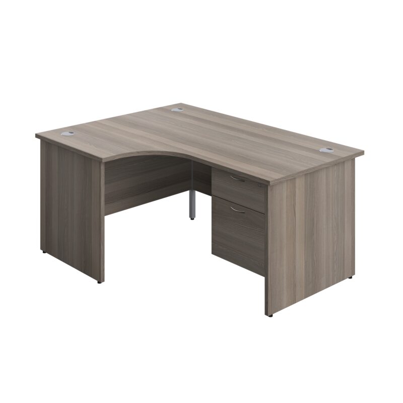 Panel Left Hand Radial Desk + 2 Drawer Fixed Pedestal Bundle | 1600X1200 | Grey Oak/Grey Oak