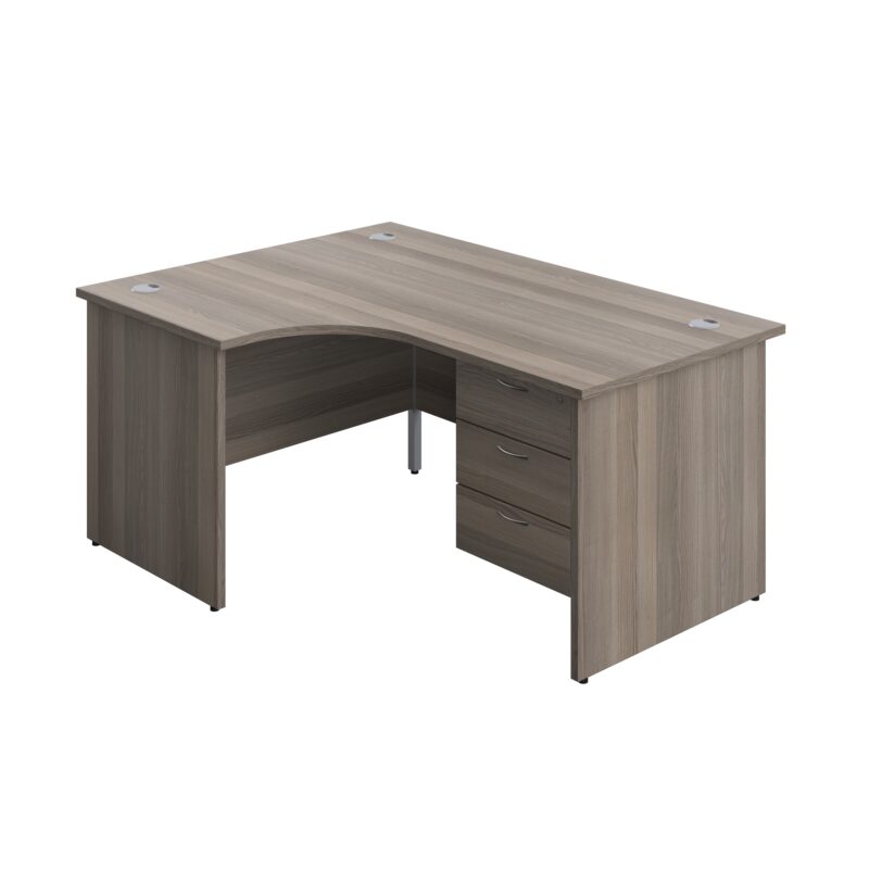 Panel Left Hand Radial Desk + 3 Drawer Fixed Pedestal Bundle | 1600X1200 | Grey Oak/Grey Oak