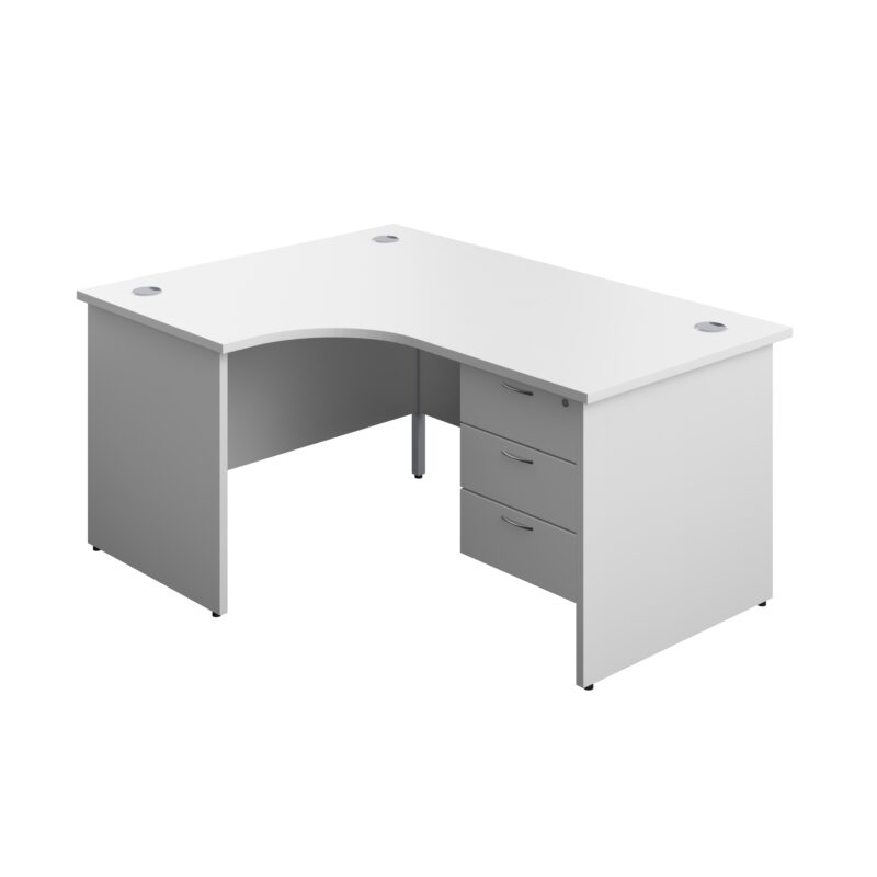 Panel Left Hand Radial Desk + 3 Drawer Fixed Pedestal Bundle | 1600X1200 | White/White